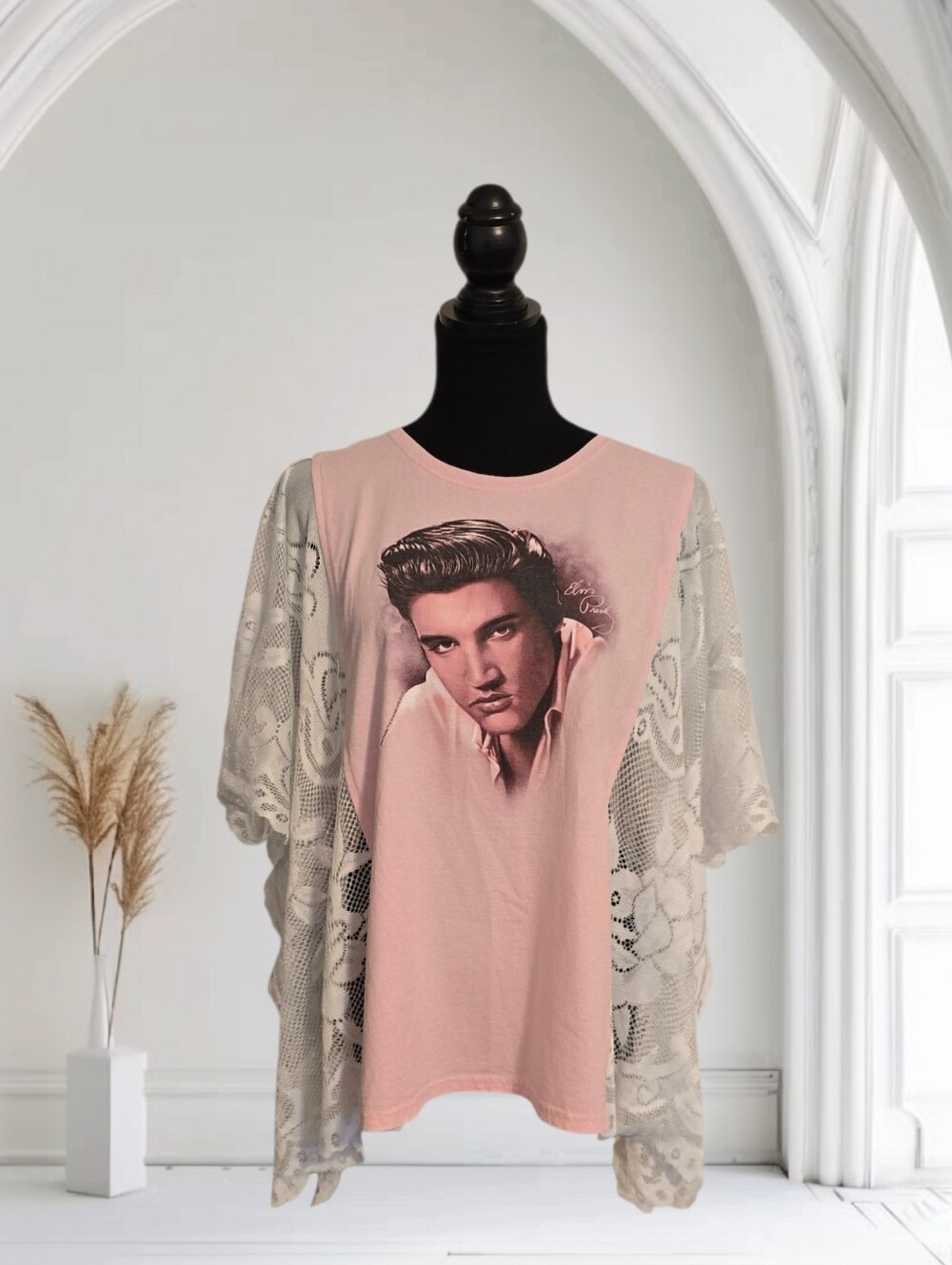 Upcycled Elvis Graphic Tee With Sheer Lace Sleeves, OS - Picture 2 of 6